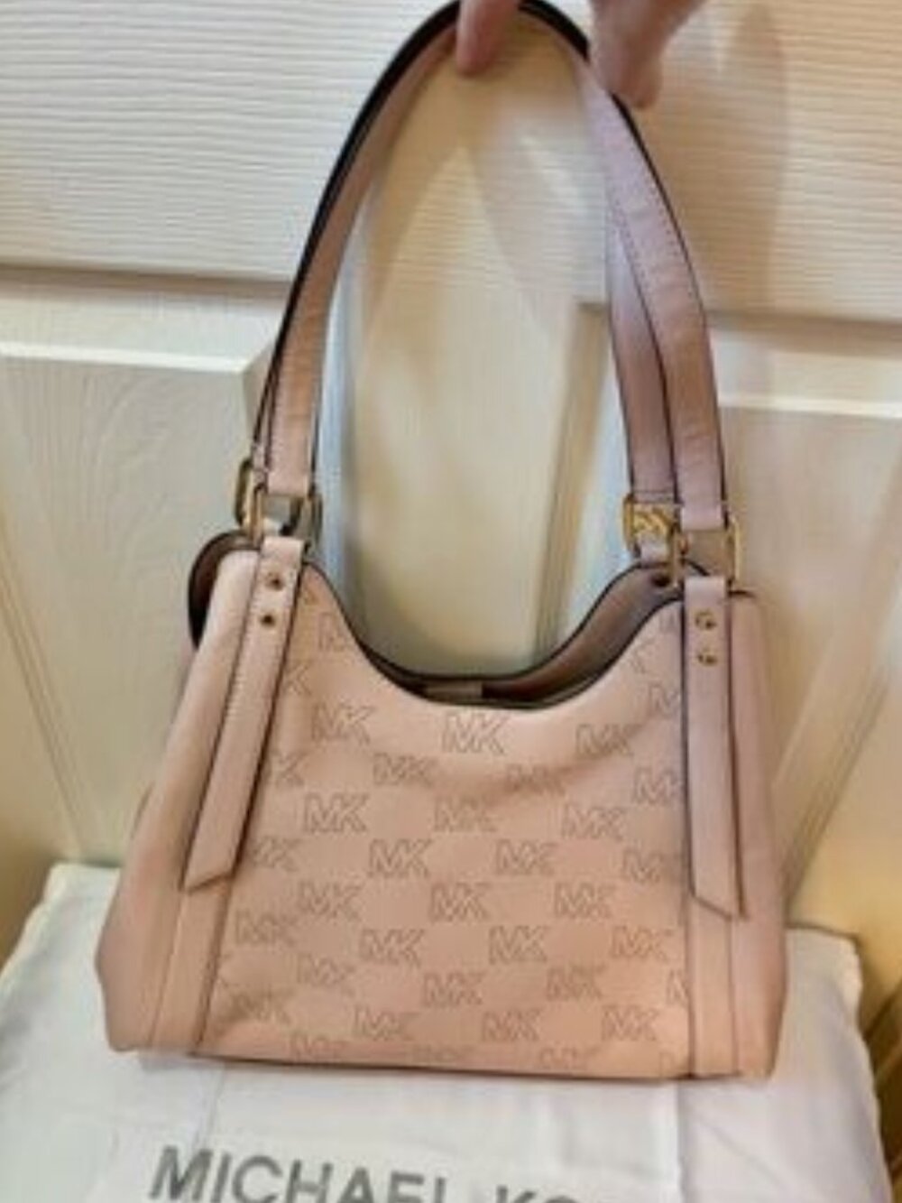 Michael Kors Powder Blush Pink MK Logo Leather Shoulder Bag with Gold Trim NWT